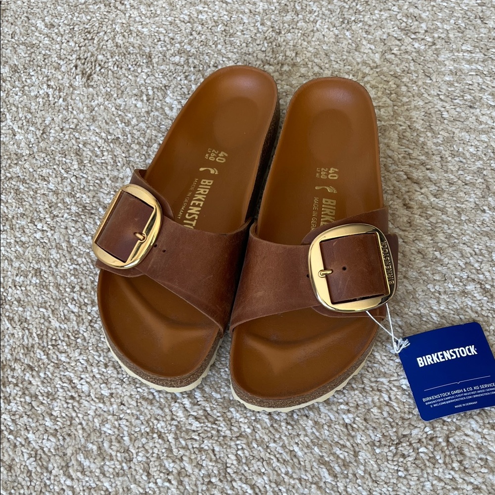 Birkenstock Tan Sandals with Gold Buckle